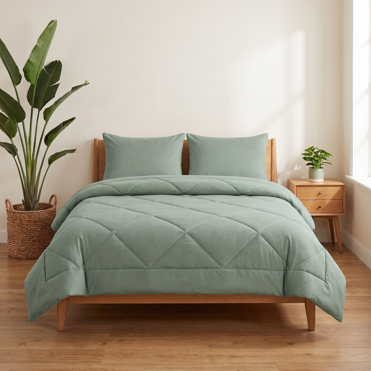 Couette 2-en-1 Kavenlia vert menthe doux sur un lit double, housse cousue, sans draps