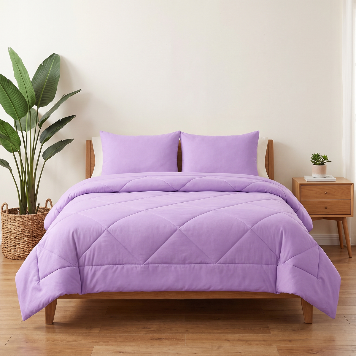 Couette 2-en-1 Kavenlia violet crépuscule sur un lit double, housse cousue, sans draps